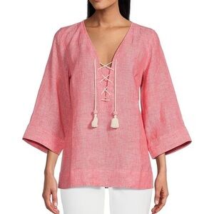 New Tommy Bahama Coastalina 3/4 Sleeve V Neck Tassel Linen Tunic Blouse Pink